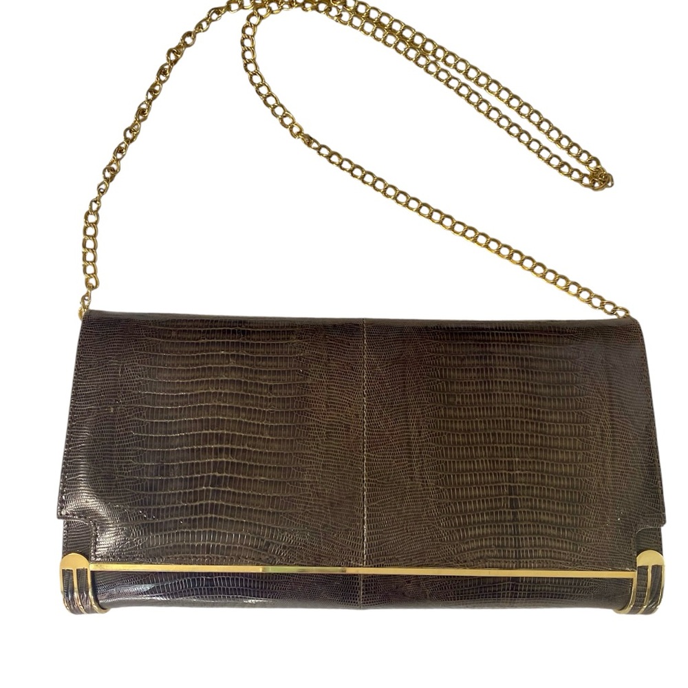 Vintage Reptile Skin Large Clutch Crossbody Gold Metal Chain